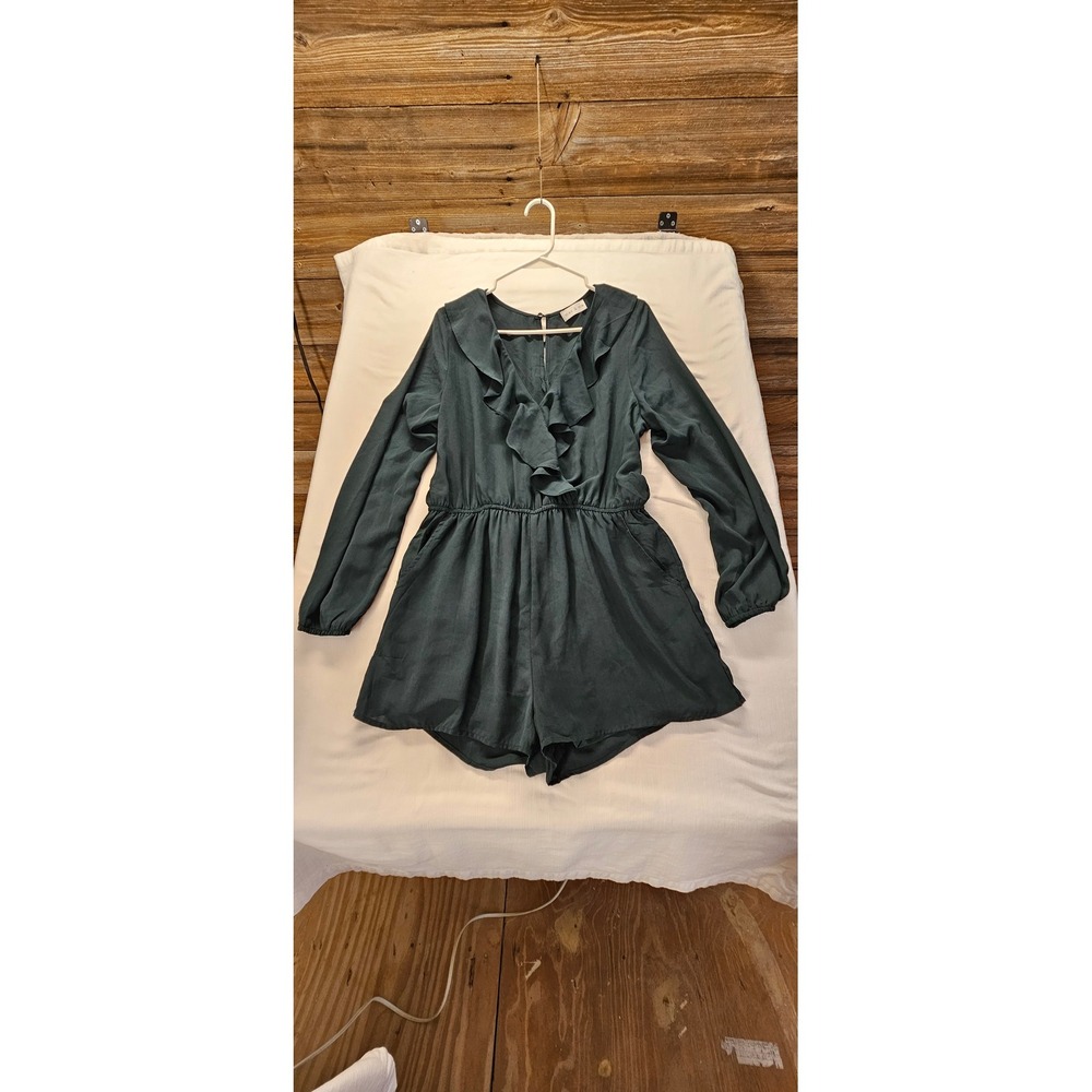 Mac & Me Womens Forest Green Ruffle V-Neck Long Sleeve Romper Size L CP8651